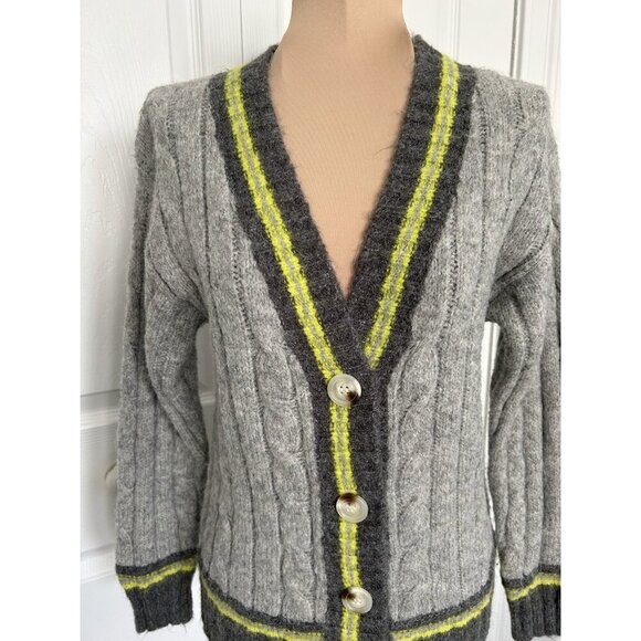 Line + Dot Womens Button Front Striped Trim Cardigan Sweater Gray Green Sz XS - Picture 2 of 10